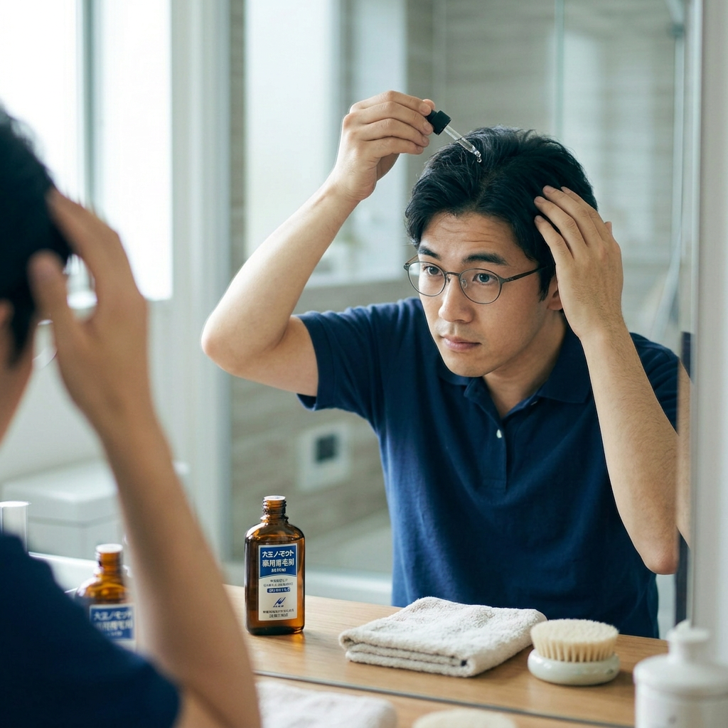 Man applying scalp treatment to his hair while looking in a bathroom mirror